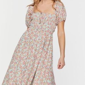 Floral Print Puff Sleeve Midi Dress Blue & Pink XL